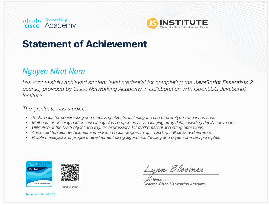 JavaScript Essentials 2 Certificate